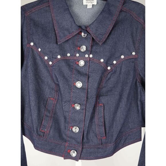 Unique Vintage Dark Denim rhinestone Western Boxy Crop Jacket XS - Picture 4 of 9